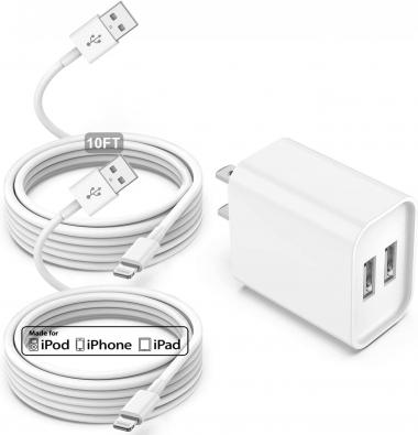 [Apple MFi Certified] iPhone Charger with Block 10 ft Cable, USB Wall Charger and Long 10 Feet Lightning Cord, 12W 2 Ports Charging Plug Block Box for iPhone 12/11/XR/X/Xs/Xr/8/7/6/6s Plus/SE/5c/iPad