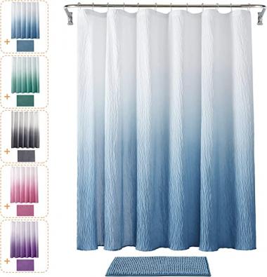 JSLOVE Shower Curtain Sets with Rugs for Bathroom 72 x 72 Inch Shower Curtains in Bath with 12 Hooks Fabric Waterproof Ombre Blue