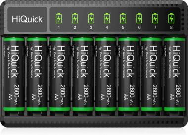 HiQuick 2800mAh Pre-Charged AA Rechargeable Batteries (8 Pack) and 8-Bay Fast Charging AA AAA Battery Charger for NIMH NiCd Rechargeable Batteries