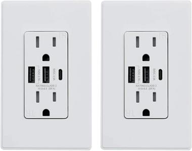 ELEGRP 30W 6.0 Amp 3-Port USB Wall Outlet, 15 Amp Receptacle with USB Type C Type A Ports, USB Charger for iPhone, iPad, Samsung, LG, HTC and Android Devices, UL Listed, with Wall Plate, 2 Pack, White