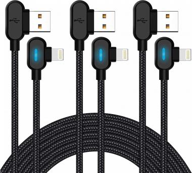 90 Degree iPhone Charger Cable 3 Pack 10ft Right Angle Lighning Cable with Blue LED Light Fast Charging Cable Nylon Braided Cord Compatible with iPhone 12 11 Xs MAX XR X 8 7 6s Plus (Black)