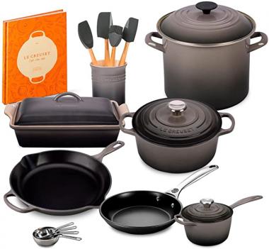 Le Creuset 20 Piece Kitchen Essentials Bundle with Cookbook - Oyster (Gray)