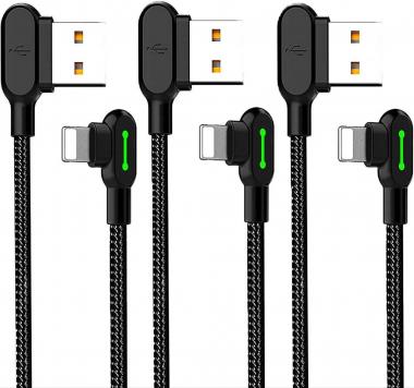 USB 90 Degree Right Angle Design Gaming LED 10FT/3M Nylon Braided Sync Charge Double Size USB Reversible Data Cable Compatible New Phone/Pad/Pod List Below(3 Pack Black, 10FT)