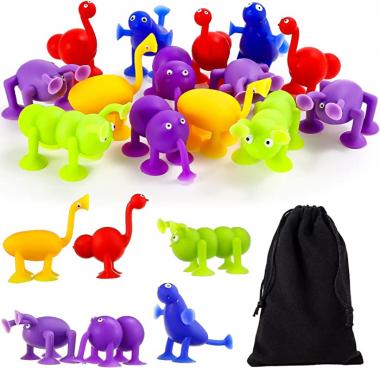 24 Pieces Silicone Suction Toys Building Blocks Suction Toy Bath Suction Toys Animal Shape Sucker Toys with Storage Bag for Stress Release Interactive Game