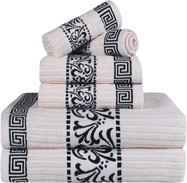 Superior Greek Pattern Decorative 6-Piece Towel Set, Absorbent Premium Cotton, Decor for Bathroom, Spa, Includes 2 Hand, 2 Face, and 2 Bath Towels, Home Essentials, Athens Collection, Ivory-Black