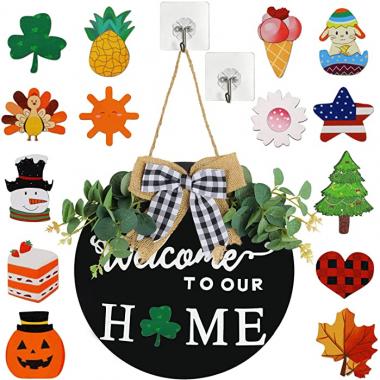 Mojitodon Interchangeable Welcome Sign for Front Door With 14 Changeable Seasonal Icons, Farmhouse Front Porch Decor for St Patricks Day, Easter, Holiday Decor