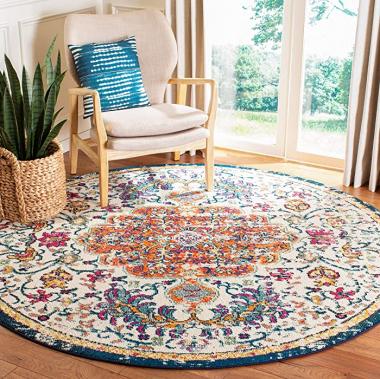 SAFAVIEH Madison Collection 5' x 5' Round Ivory / Orange MAD447A Boho Chic Medallion Distressed Non-Shedding Dining Room Entryway Foyer Living Room Bedroom Area Rug