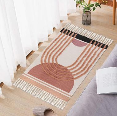 Boho Bathroom Rug 2'X3', Ailsan Cotton Woven Tufted Area Rug with Tassels Machine Washable Fringe Bedroom Rug Bohemian Bath Rug Indoor Floor Mat Small Boho Rug for Laundry Room Kitchen