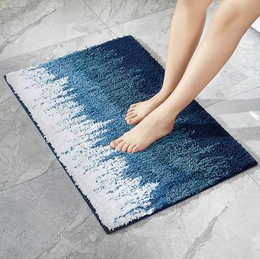 Non Slip Absorbent Bathroom Rug Mat, Fluffy Bath Mats, Machine Washable and Water Absorbent Shower Carpet for Pets and Seniors, Blue-White 17"x 24"