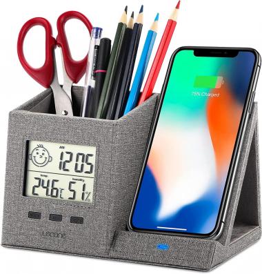 Lecone 10W Wireless Charger Desk Organizer Pencil Pen Holder Digital Clock,Compatible with Phone 12 Pro Mini 11 X XS MAX XR 8 Plus and Samsung S7 Edge S8 S9 Plus,Desk Organization for Home, Office