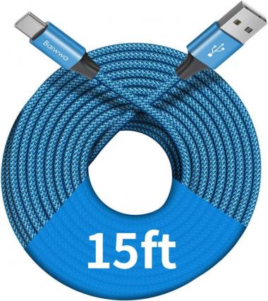 [ 15ft/4.6m ] Extra Long USB C Cable, Baiwwa Premium Nylon Braided USB A to Type C Cable Charger Cord Compatible with Samsung Galaxy Note Tab, Moto, LG, Pixel and More USB C Smartphone & Tablet