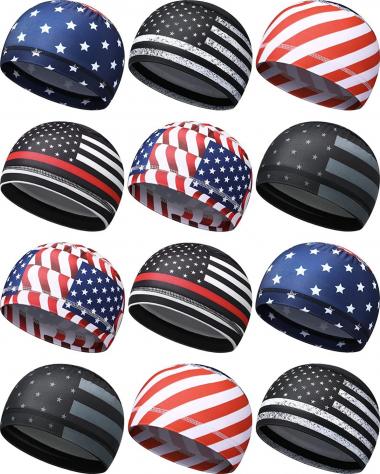 Handepo 12 Pcs American Flag Cooling Skull Cap Sweat Wicking Helmet Liner Running Hat Motorcycle Beanie Cycling Cap Liner