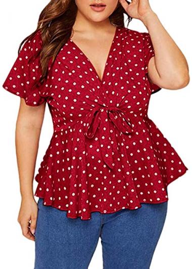 SNKSDGM Women Retro Polka Dot Knot Front Flowy Pleated Tunic Tops Deep V Plus Size Ruffle Sleeve T Shirts Casual Office Shirt