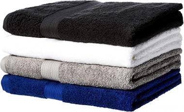 Amazon Basics Fade-Resistant Cotton Bath Towel - 4-Pack, Multi-Color (Black, White, Gray, Navy Blue)