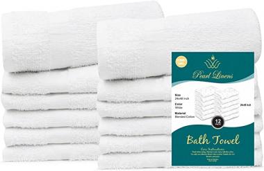 Pearl Linens Cotton Bath Towel Set of 12 for Bathroom, Small Bath Towels 24 X 48 in, Bulk Bath Towels Pack for Home, Hotel, Gym, Salon, Spa, Absorbent, Quick Drying, Lightweight, Soft, White