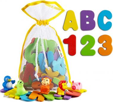 Toddlers ABC Bath Toys - Premium Eva Foam Floating Alphabet and Numbers with 5 Animal Characters - 6 Vibrant Colors of Caps and Lowercase Letters - Colorful Water Learning Playtoys for Kids | 77 Pack