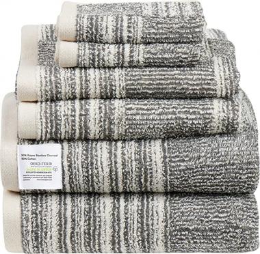 Oeko-tex Bath Towels 6-Pack - Bath Towel Set: 2 Plush Bath Towels, 2 Hand Towels, and 2 Washcloths, 500 GSM Bamboo & Cotton Towels Bath, Absorbent & Soft Bathroom Towels, Shower Towels Grey