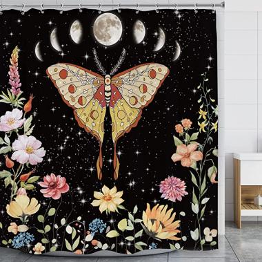 LGhtyro Moon Phase Moth Shower Curtain Bathroom Set 71Wx71H Inch Watercolor Floral Butterfly Starry Sky Stars Spring Blossom Flower Bath Accessories for Women Girls Art Home Decor Fabric 12 Pack Hooks