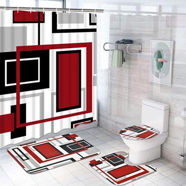 Likiyol 4 Pcs Red Geometric Shower Curtain Sets with Non-Slip Rugs, Toilet Lid Cover and Bath Mat, Abstract Geometric Modern Shower Curtain with 12 Hooks, Black and Red Bathroom Set