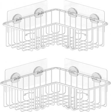 SMARTAKE 2-Pack Corner Shower Caddy, Adhesive Bath Shelf with Hooks, SUS304 Stainless Steel Storage Organizer for Bathroom, Toilet, Kitchen and Dorm, Only for 90 Degrees Right Angle, White