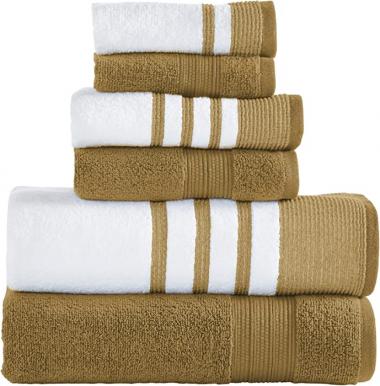 Modern Threads 6 Piece Set, 2 Bath Towels, 2 Hand Towels, 2 Washcloths, Quick Dry White/Contrast Reinhart Mustard