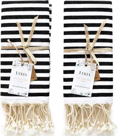 Lykia Turkish Hand Towel Set of 2 - Decorative Hand Towels for Bathroom and Kitchen - 100% Cotton 17x40 Inches - Great for Bath and Farmhouse Boho Style Housewarming Decor Gifts (Black and White)