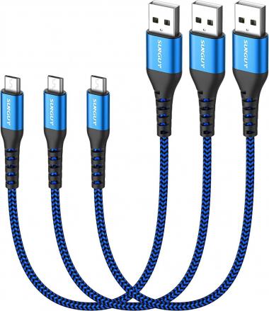 SUNGUY Short Micro USB Cable 1FT[3Pack], USB to Micro USB Nylon Braided Fast Charging and Data Sync Cord for Samsung Galaxy S7 Edge S6, Power Bank, Android Phone, PS4 Blue