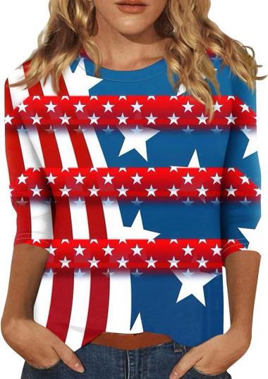 4th of July Shirts Women Independence Day Blouses Tshirts Tees Vintage Holiday Round Neck Tops Shirts