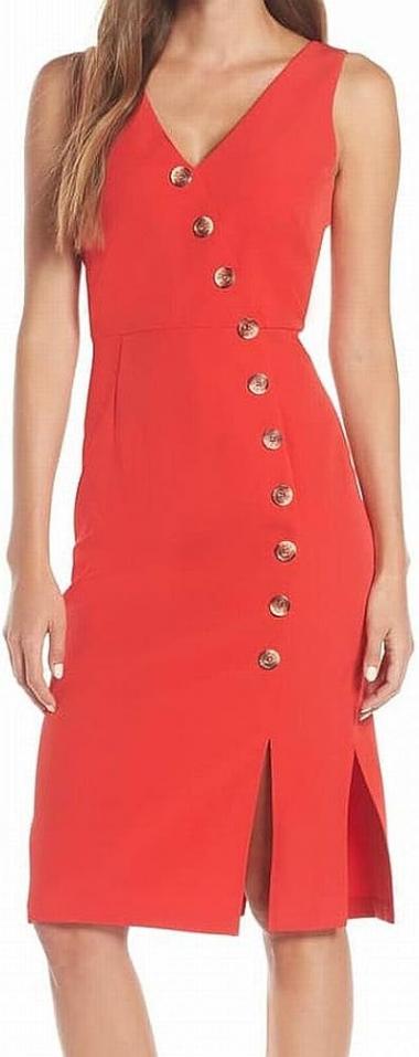 Vince Camuto Womens Embellished Bodycon Asymmetrical Button-Through V-Neck Dress