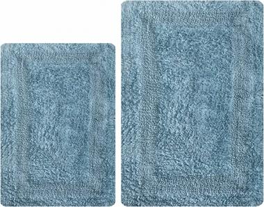 Thick Bathroom Rugs Set 2Piece in 100% Cotton 21x34/17x24 Spa Blue, Reversible Bath Rugs Set, Cotton Bath Mat,Cotton Bath Rugs, Soft Absorbent Machine Washable Rug,Livingroom Bath Rugs