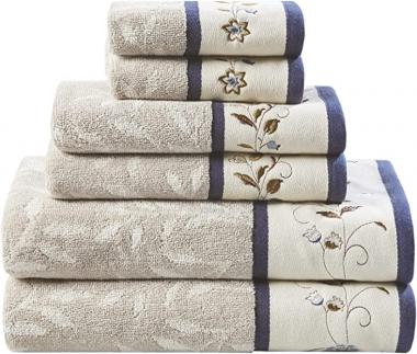 Madison Park Serene 100% Cotton Bath Towel Set Luxurious Floral Embroidered Cotton Jacquard Design, Soft and Highly Absorbent for Shower, Multi-Sizes, Navy