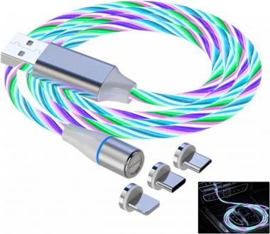 Light Up Magnetic Charging Cable Multipurpose Charging Cable Smart Colorful Light Glowing USB Cable Fast Universal 3 in 1 Charger Cable Adapter Type-C/Micro USB Port (Magnetic Charging Cable)