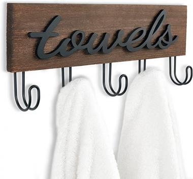 Mkono Towel Holder Wall Mounted Towel Rack Bathroom Decor Rustic Wood Towel Hooks to Hang Towels Bathrobe Robe Coat Clothing, Bath Towel Hanger Storage Home Decor Organizer, Black