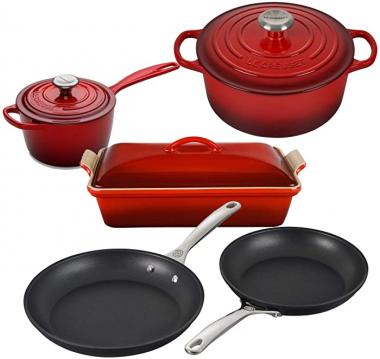 Le Creuset 8 Piece Multi-Purpose Enameled Cast Iron with SS Knobs, Stoneware, and Toughened Nonstick PRO Fry Pan Complete Cookware Set - Cerise