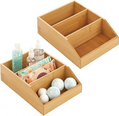 mDesign Bamboo Wood 3 Tier Counter Organizer Bin, Multi-Compartment Storage Box for Bathroom, Cabinets, Shelves, Countertops; Holds Vitamins, Bath Bombs, Cosmetics, Echo Collection - 2 Pack - Natural