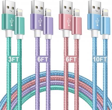 iPhone Charger Cord 4Pack【3FT/6FT/6FT/10FT】MFi Certified Lightning Cable Fast Charging Cord Nylon Braided iPhone Charging Cable Compatible with iPhone13 /12/11 /Pro Max/XR/8/7/6/6s/SE 2020-Multicolor