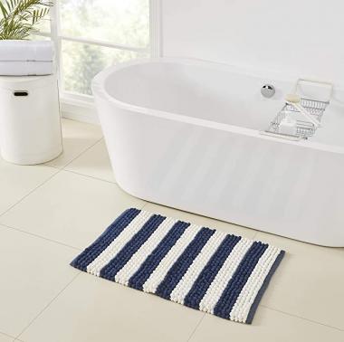 Refinery29 | James Collection | Luxury Striped Looped Bath Rug, Non-Slip, Absorbent Plush Bath Mat for Tub, Shower and Bathroom, Machine Washable Cotton (21"X 34", Blue)