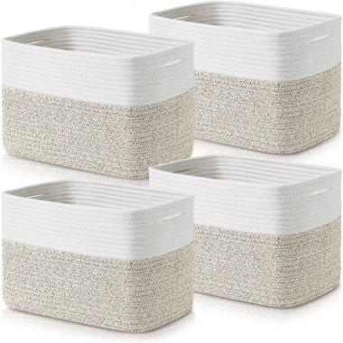 Baskets for Organizing, Cotton Rope Baskets for Shelves, 12” Decorative Woven Baskets for Storage, Organizer Bins for Living Room, Laundry, Bedroom (4 Pack, White/Brown)