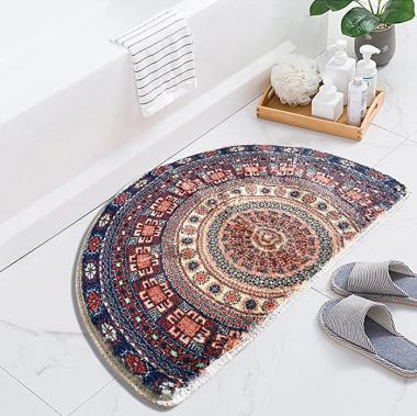 MINAKO Half Circle Bath Mat Bohemian Anti-Slip Rug -Psychedelic Reddish Brown Mandala Style Pattern Carpet-Suitable for, Living Room, Bedroom, Kitchen, Balcony, Bathroom