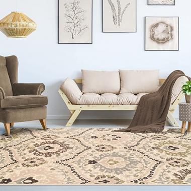 SUPERIOR Augusta Oriental Floral Damask Polypropylene Indoor Area Rug or Runner with Jute Backing, 8' x 10', Ivory