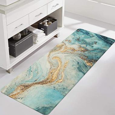 Uphome Extra Long Bath Rug Runner Luxury Turquoise Marble Velvet Bath Mat 20x59 inch Non-Slip Bathroom Rugs Machine-Washable Soft Microfiber Floor Rugs for Bathtub Shower