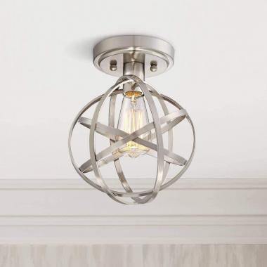 Industrial Atom Modern Close to Ceiling Light Semi Flush Mount Fixture 8" Wide LED Brushed Nickel Geometric Cage Shade Bedroom Hallway Living Room Dining Room Bathroom Kitchen - Franklin Iron Works