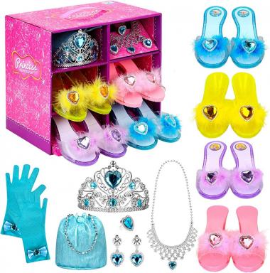 Princess Dress Up Shoes Set Girls Role Play Shoes Pretend Jewelry Toys Set Gift Set 4 Pairs of Shoes Kit Collection of Tiara Crown Earrings Necklace Rings Handbag Gloves for Girls Aged 3-6 Years Old