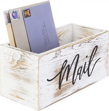 MyGift Whitewashed Wood Mail Holder Storage Box, Desktop Organizer Bin with Mail Script Design