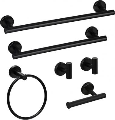 Bathroom Hardware Set, 6-Piece Matte Black Bath Accessories Set Wall Mount Includes 18/24" Towel Bar,Toilet Paper Holder,Towel Ring, 2 Hooks SUS304 Stainless Steel,Heavy Duty