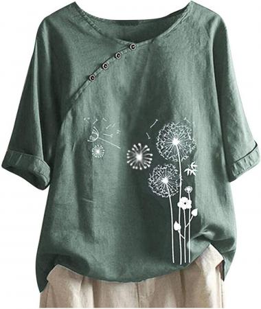 DASAYO Linen Button Down Shirt Women Round Neck Dandelion Print Half Sleeve Tops Blouse Loose Trendy Going Out Shirts Top