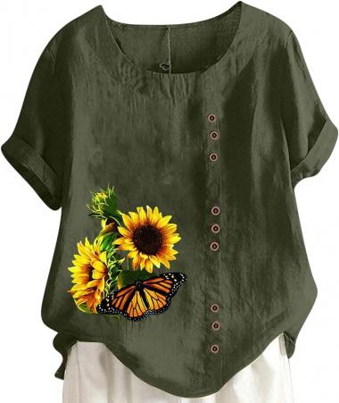 Women Linen Tops Plus Size Short Sleeve Button Down Blouse Cute Floral Tops Trendy Summer Cotton Clohtes