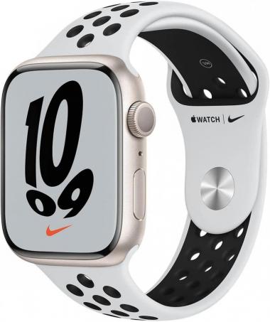 Apple Watch Nike Series 7 GPS, 45mm Starlight Aluminum Case with Pure Platinum/Black Nike Sport Band, Regular