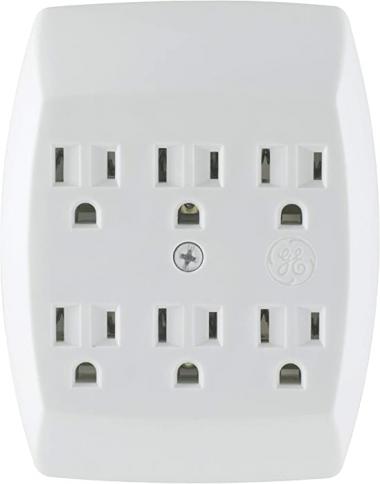 GE 6-Outlet Extender Wall Tap, Grounded Adapter, Charging Station, 3-Prong, Secure Install, UL Listed, White, 54947