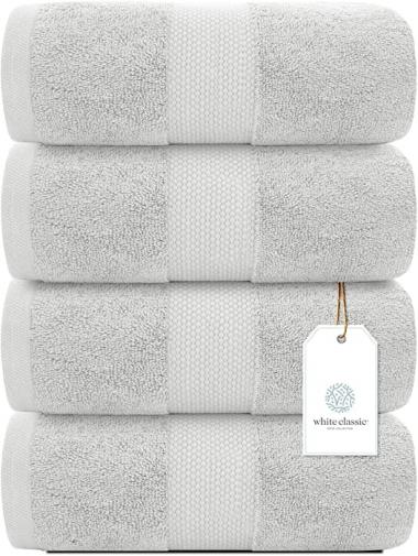 White Classic Luxury Bath Towels Large - Cotton Hotel spa Bathroom Towel |30x56 | 4 Pack | Silver